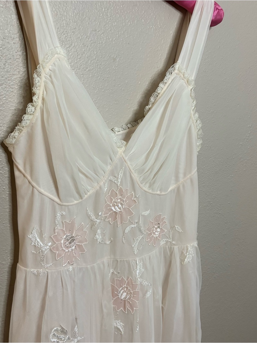 Vintage 70s Gotham Gold Stripe blush pink embroidered babydoll nightgown XS